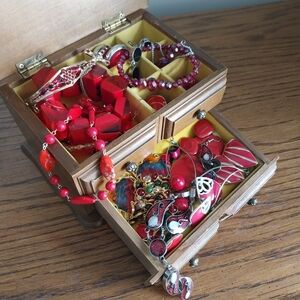 Red Beaded Jewelry Lot in Wood Jewelry Box